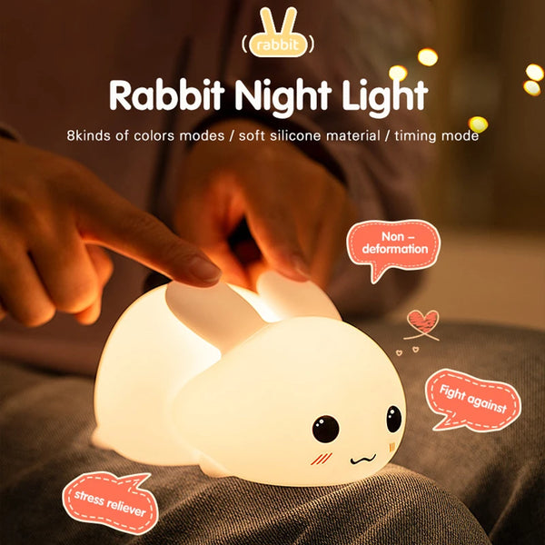 GLOWVIBE Rabbit Night Light, Rechargeable Silicone Lamp with Touch Sensor