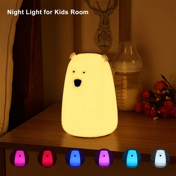 GLOWVIBE Bear LED Night Light, Silicone Tap Lamp for Baby & Kids' Room